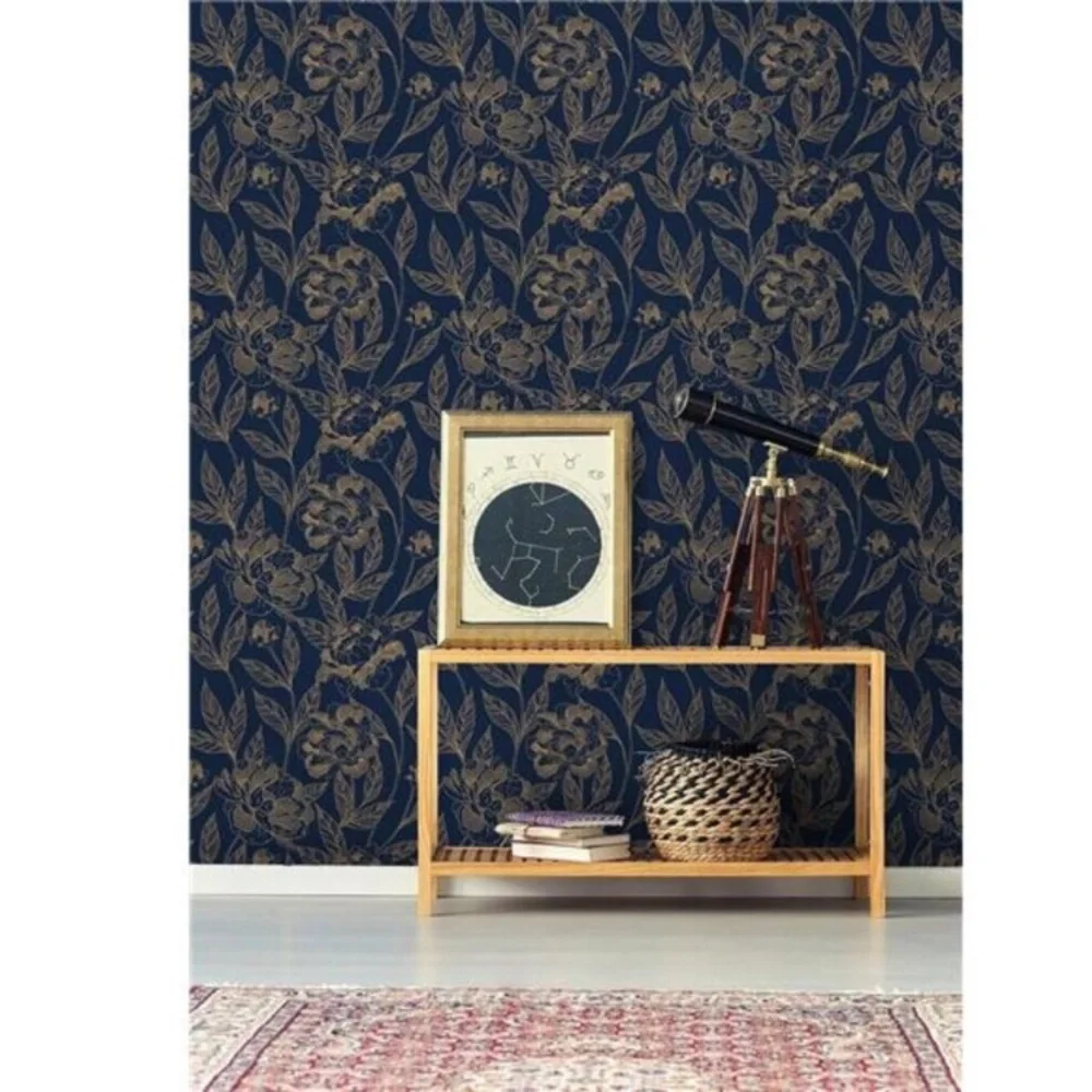 Vinjiasin Peel and Stick Wallpaper Blue and Gold Floral Contact Paper Modern